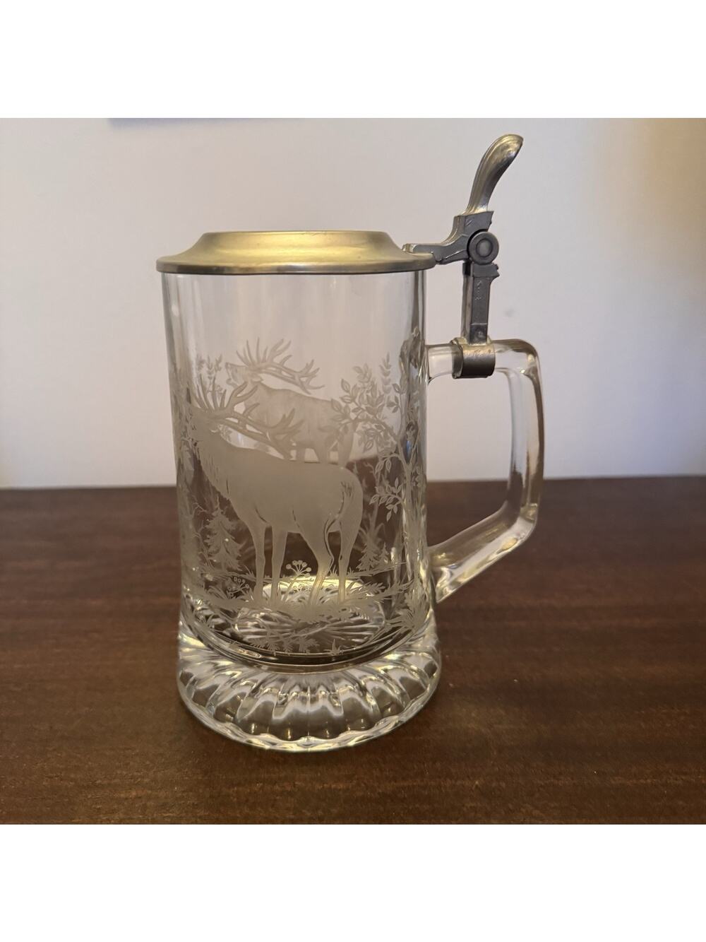Vintage Beer Glass Stein Mug Lid Etched Deer Stag Elk Hunting Jäger Signed ALWE